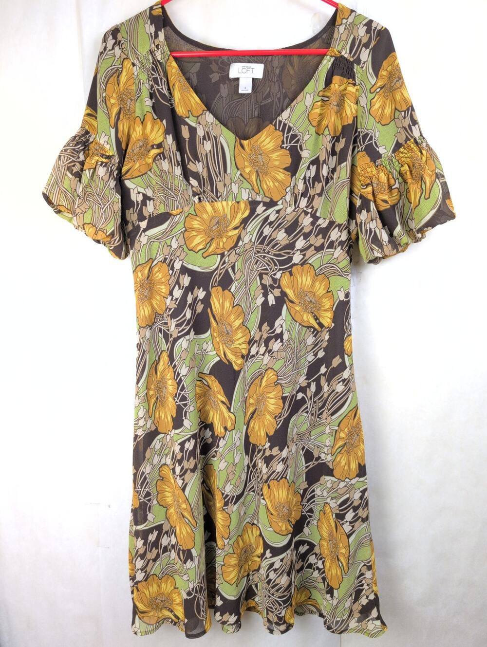 Loft green floral babydoll chiffon dress Size 6 Goblin Fairy Grunge Retro 70s